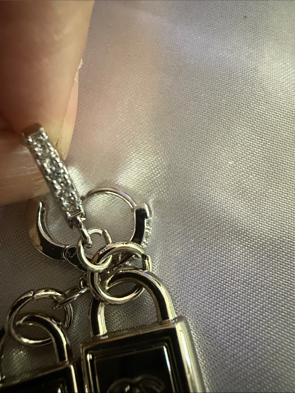 Silver Padlock Drop Earrings with Crystal-Accented Hoops - Picture 6 of 8